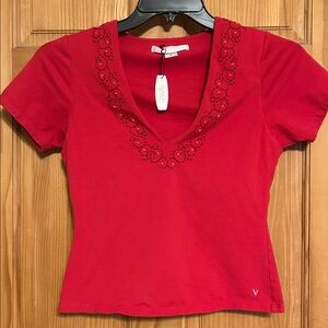 Victorias Secret V Neck Short Sleeve Top Embroidered At Neck Line Size M Red New